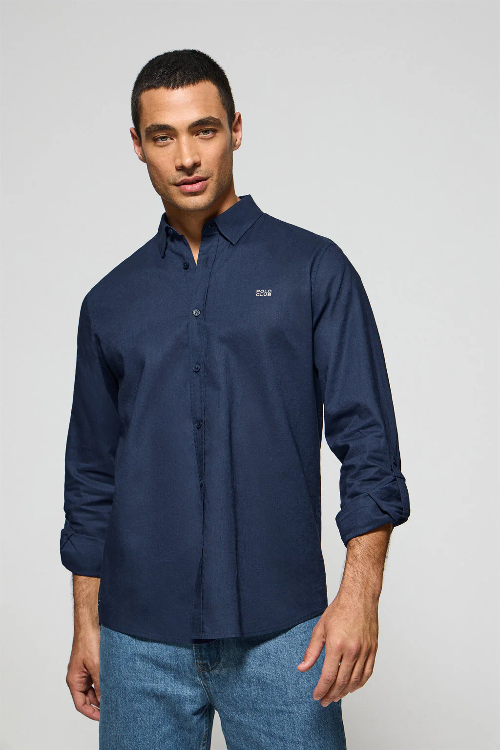 Camisa azul marino de lino y algodón regular fit con logo bordado