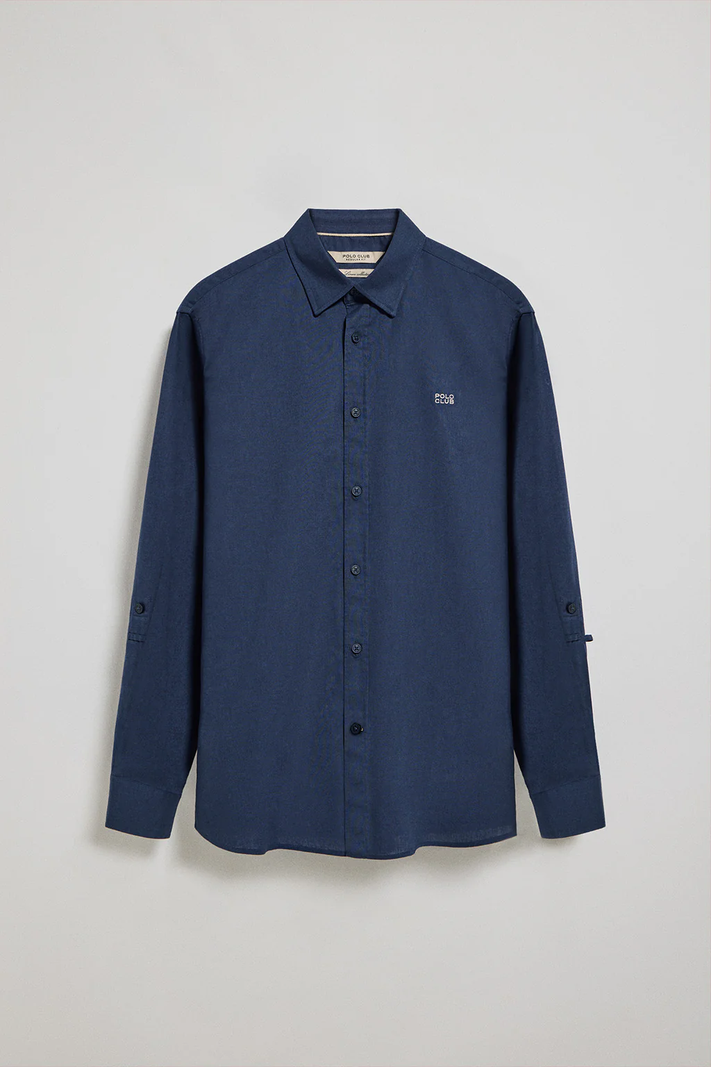 Camisa azul marino de lino y algodón regular fit con logo bordado - Image 11