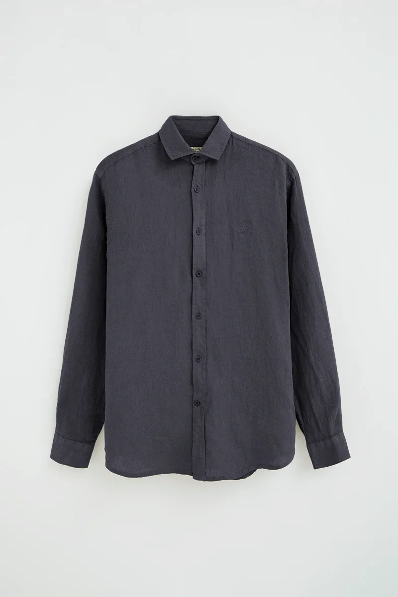 Camisa azul marino de lino de corte regular con bordado Polo Club - Image 9