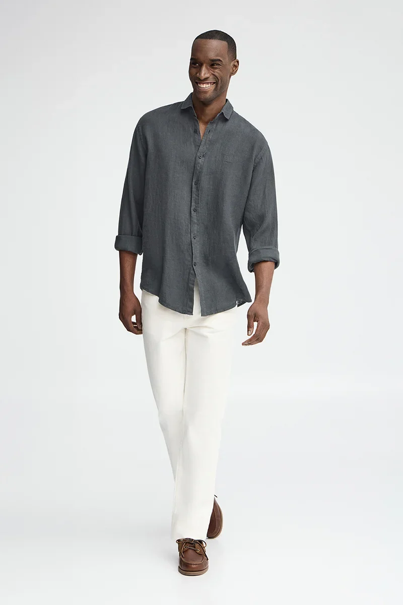 Camisa gris piedra de lino de corte regular con bordado Polo Club - Image 2