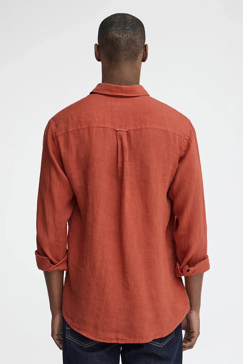 Camisa rojo ladrillo de lino de corte regular con bordado Polo Club - Image 5