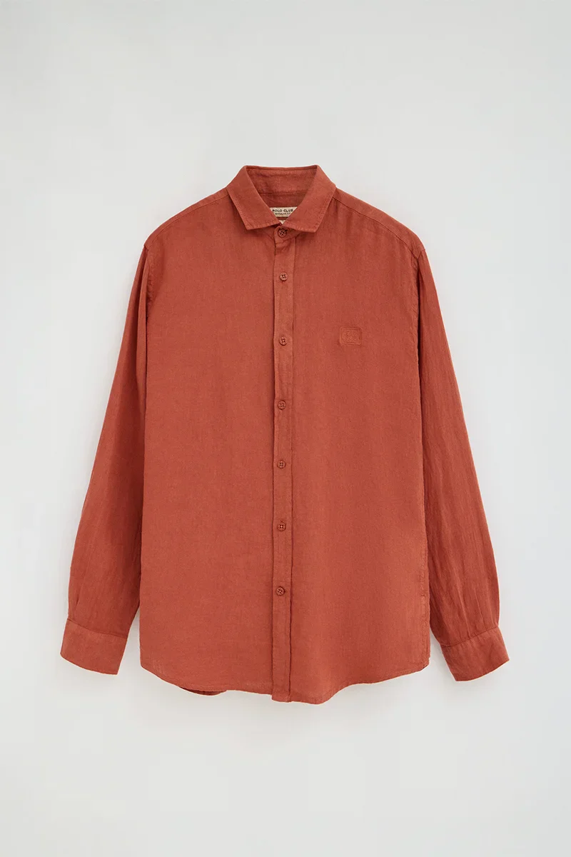 Camisa rojo ladrillo de lino de corte regular con bordado Polo Club - Image 6