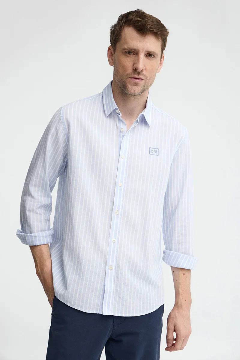 Camisa de rayas cotolino azul claro de cuello francés de corte regular y bordado Polo Club
