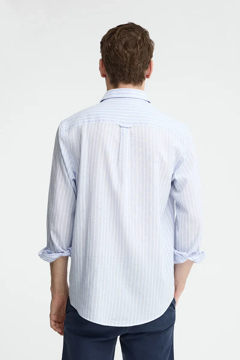 Camisa de rayas cotolino azul claro de cuello francés de corte regular y bordado Polo Club - Image 5