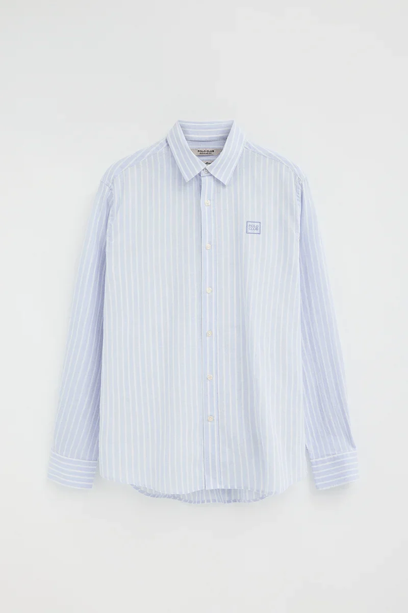 Camisa de rayas cotolino azul claro de cuello francés de corte regular y bordado Polo Club - Image 6