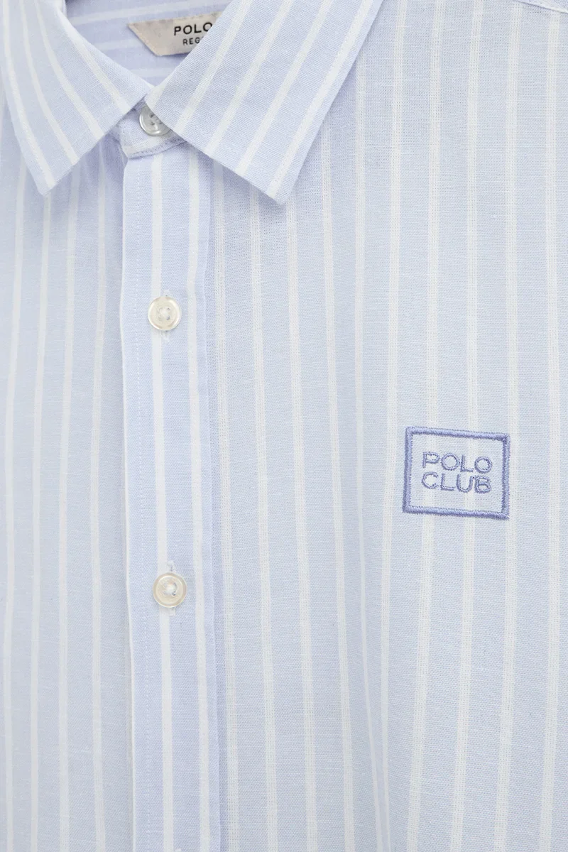 Camisa de rayas cotolino azul claro de cuello francés de corte regular y bordado Polo Club - Image 7