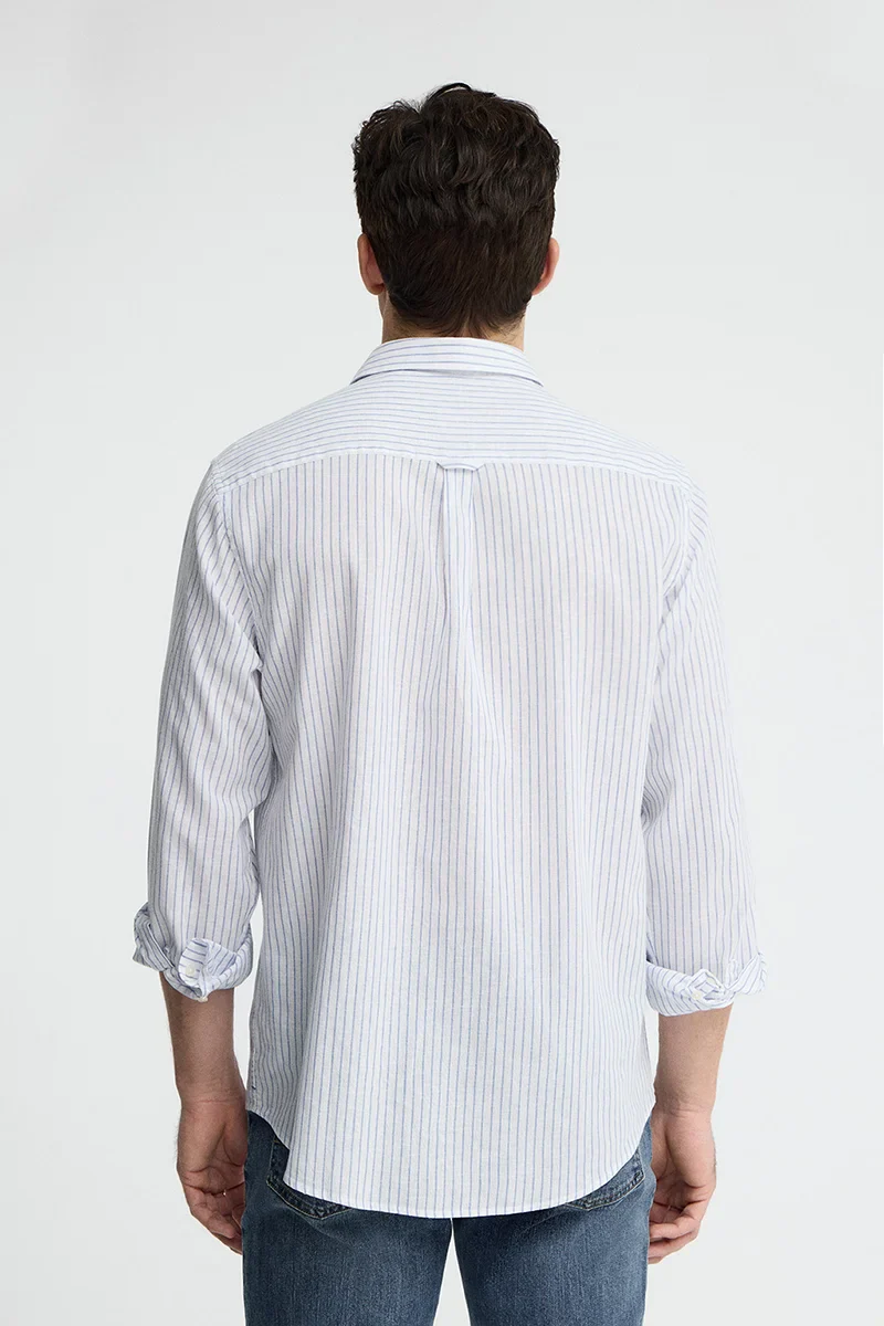 Camisa de rayas cotolino blanca de cuello francés de corte regular y bordado Polo Club - Image 5