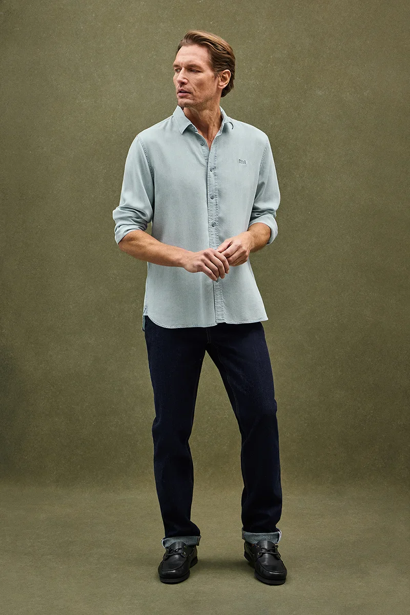 Camisa de tencel azul celeste de corte regular y logo Polo Club - Image 3