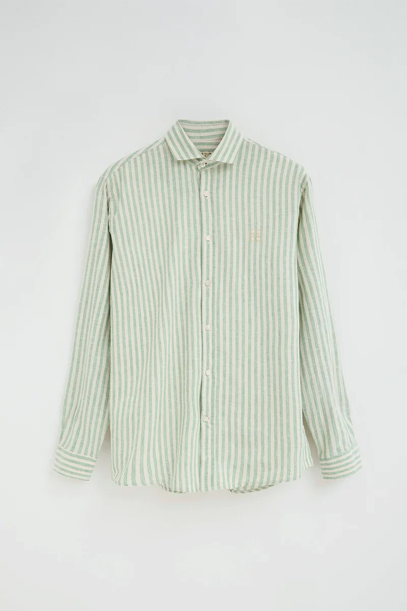 Camisa de rayas cotolino verde con cuello italiano y logo Polo Club - Image 9