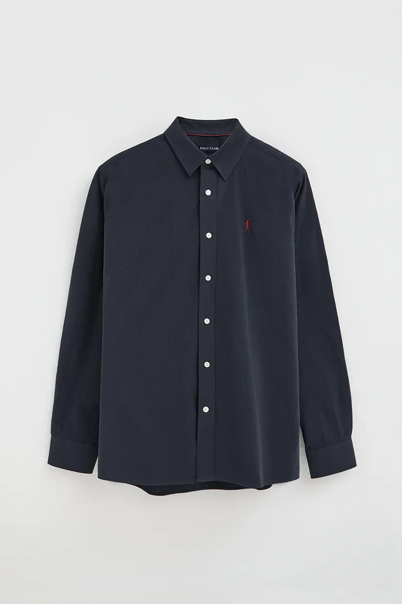 Camisa azul marino con efecto arrugado de corte regular con logo Rigby Go - Image 9