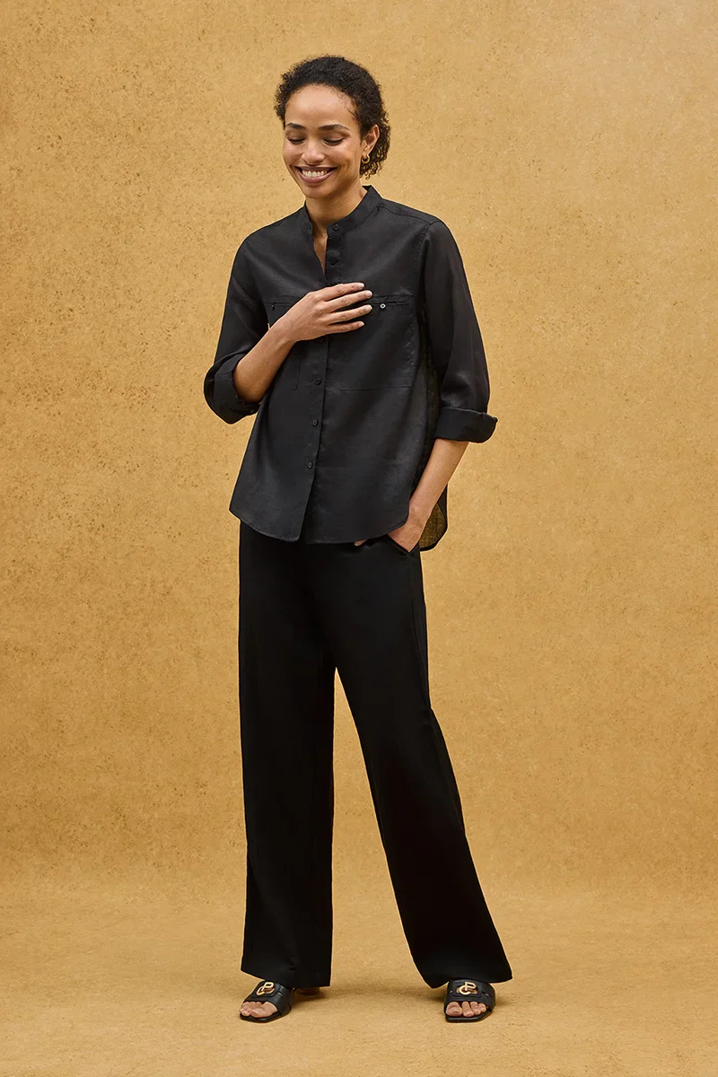Camisa negra de ramio con cuello mao y corte holgado con bordado Polo Club - Image 3