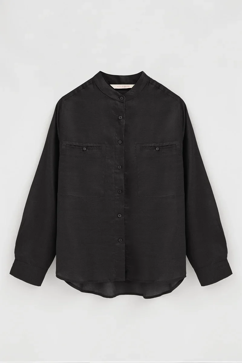 Camisa negra de ramio con cuello mao y corte holgado con bordado Polo Club - Image 9