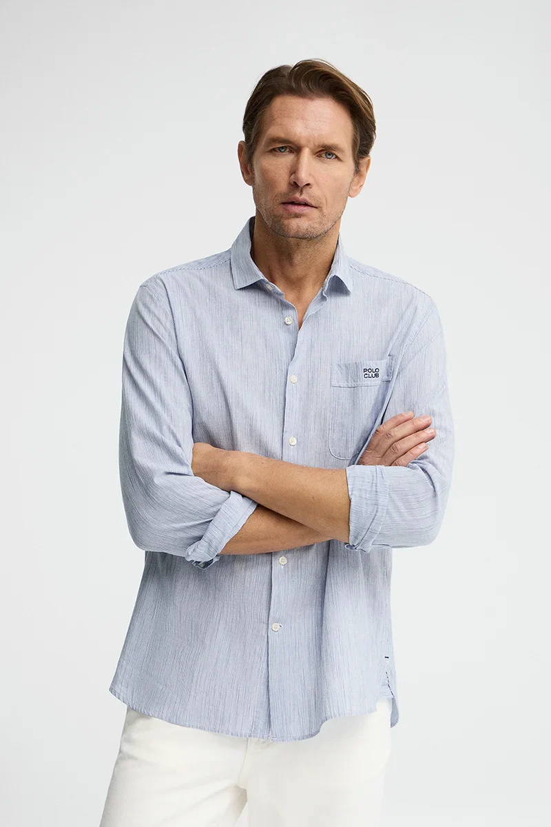 Camisa de rayas cotolino azul de corte regular con bordado Polo Club - Image 2