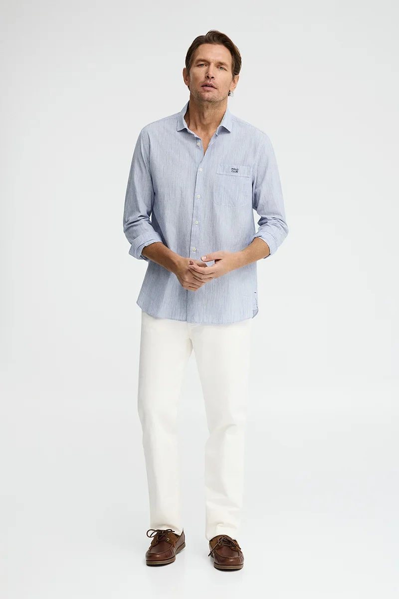 Camisa de rayas cotolino azul de corte regular con bordado Polo Club - Image 4