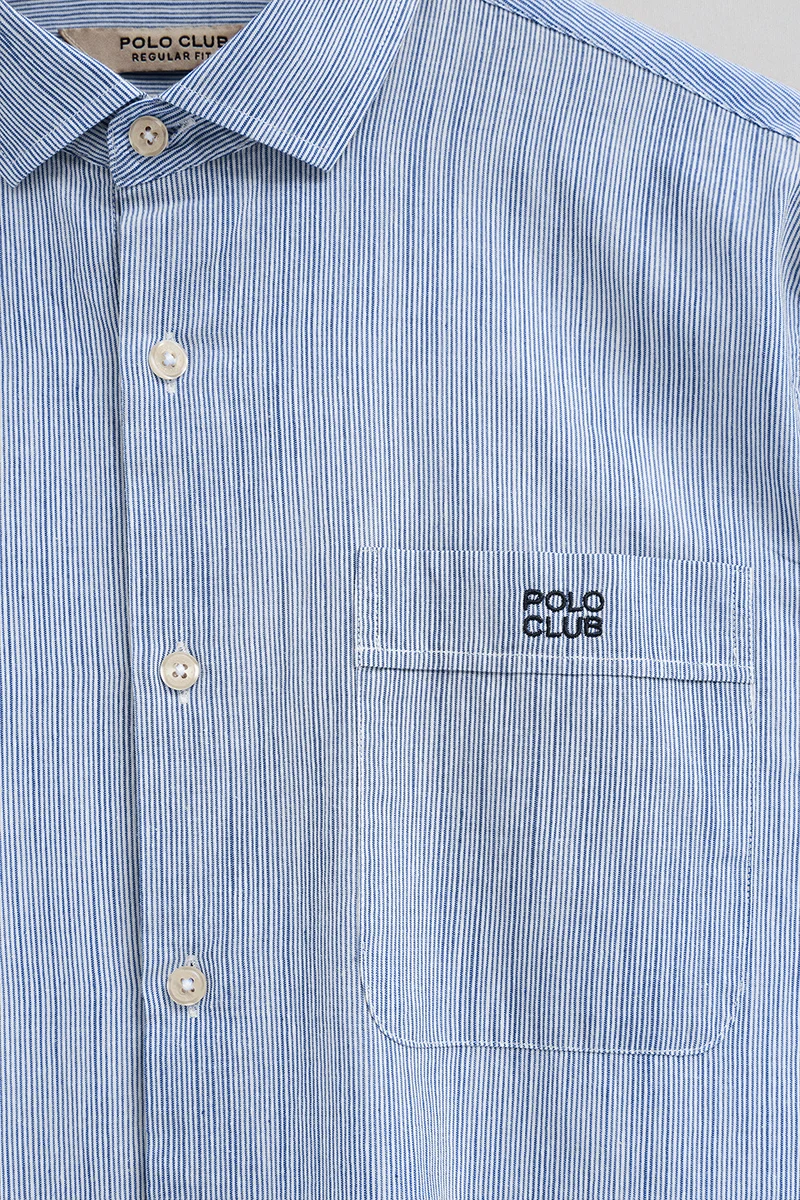Camisa de rayas cotolino azul de corte regular con bordado Polo Club - Image 7