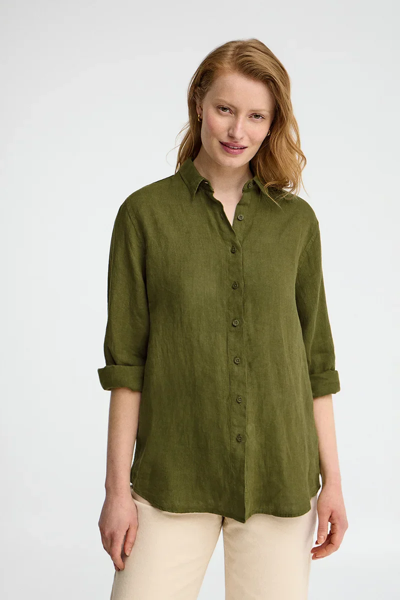 Camisa verde musgo de lino con corte relajado y bordado Polo Club - Image 3
