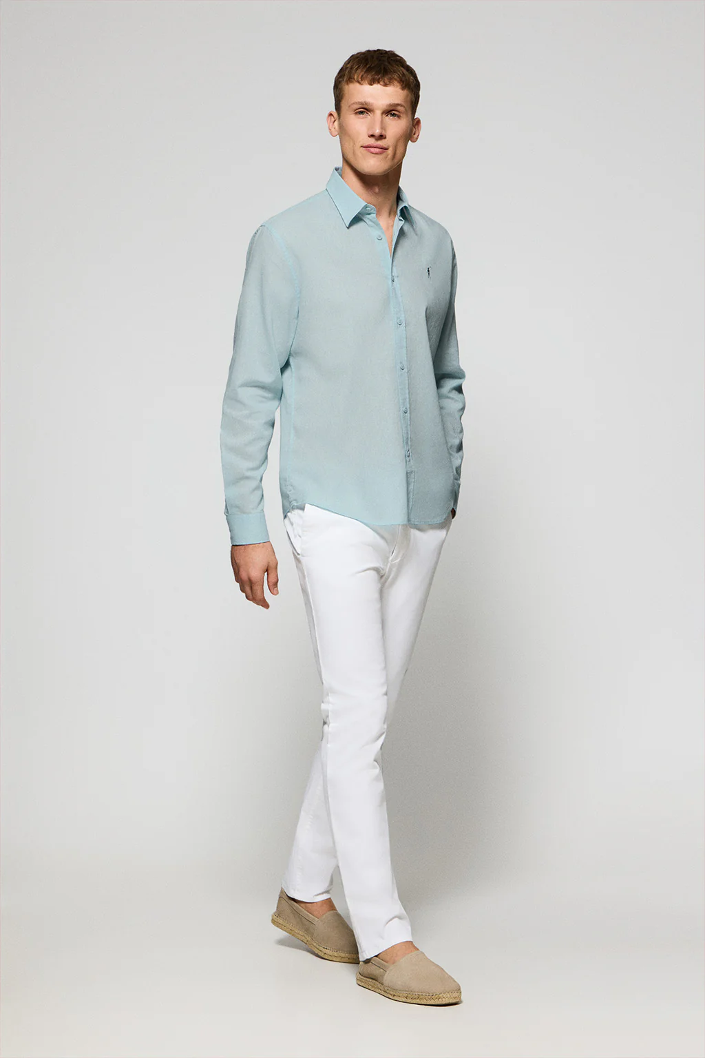 Camisa color aguamarina regular de lino y algodón con bordado Rigby Go - Image 4