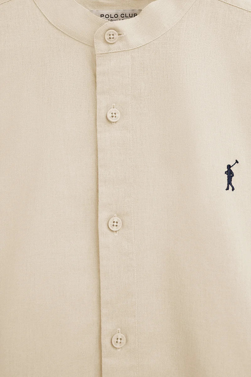 Camisa cotolino beige con cuello mao, corte regular y bordado Rigby Go - Image 7