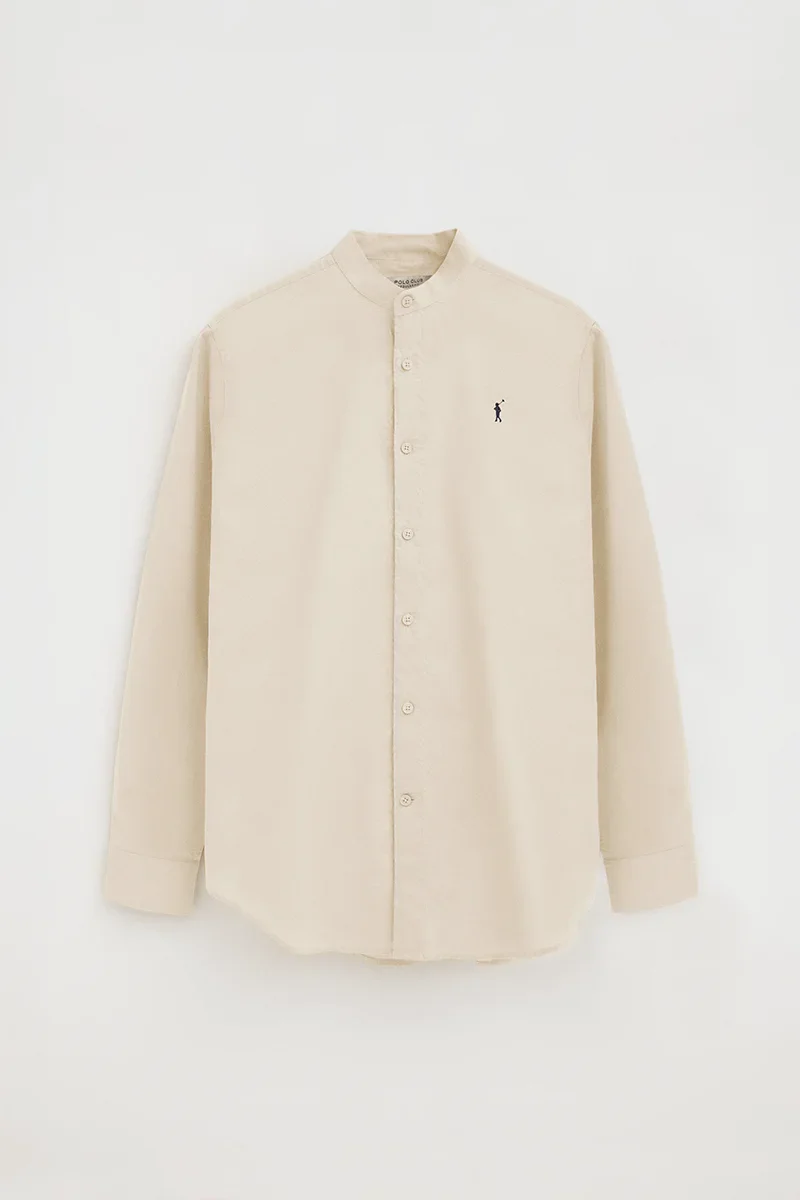 Camisa cotolino beige con cuello mao, corte regular y bordado Rigby Go - Image 9