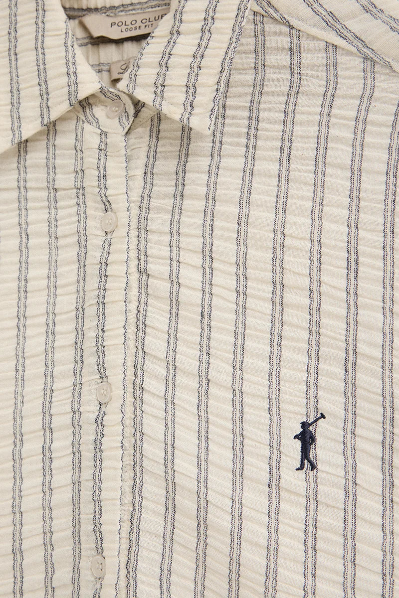 Camisa de rayas azul marino con efecto arrugado de corte holgado y bordado Rigby Go - Image 6