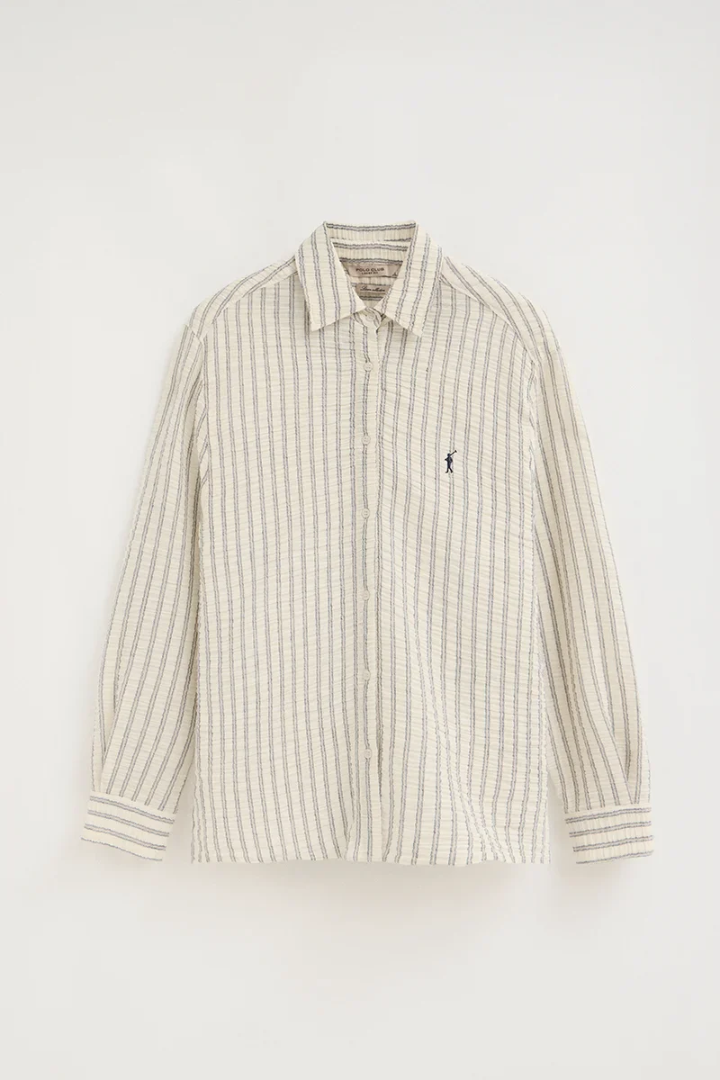 Camisa de rayas azul marino con efecto arrugado de corte holgado y bordado Rigby Go - Image 8