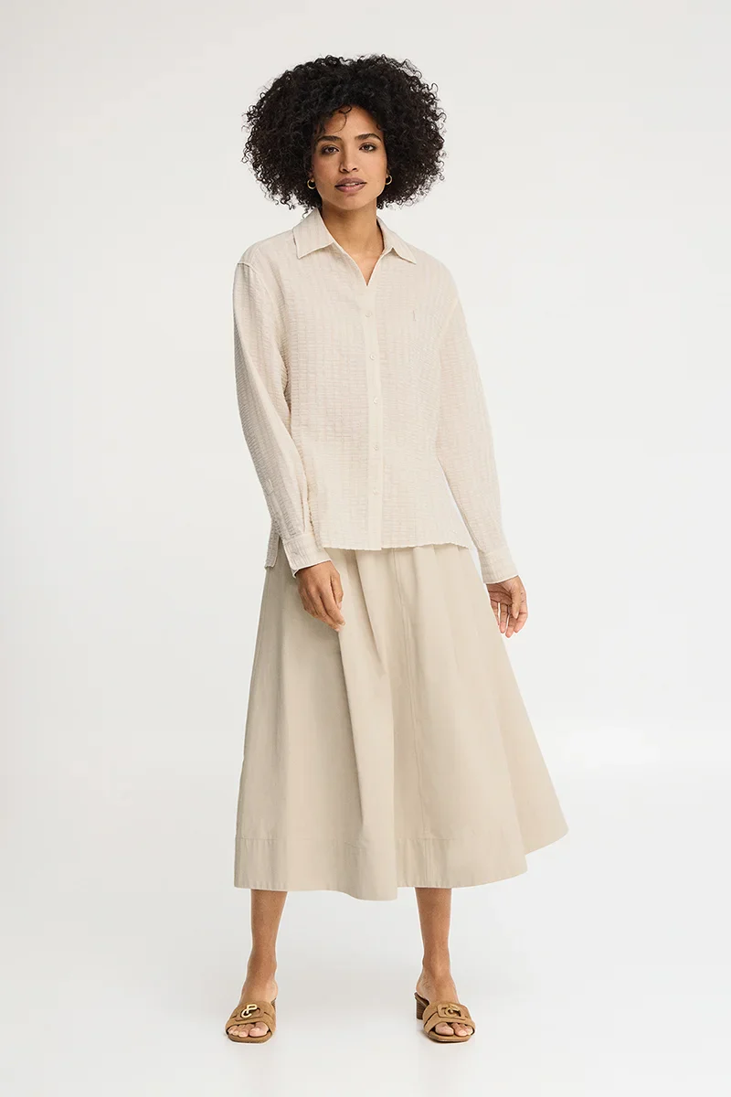Camisa de rayas beige con efecto arrugado de corte holgado y bordado Rigby Go - Image 4