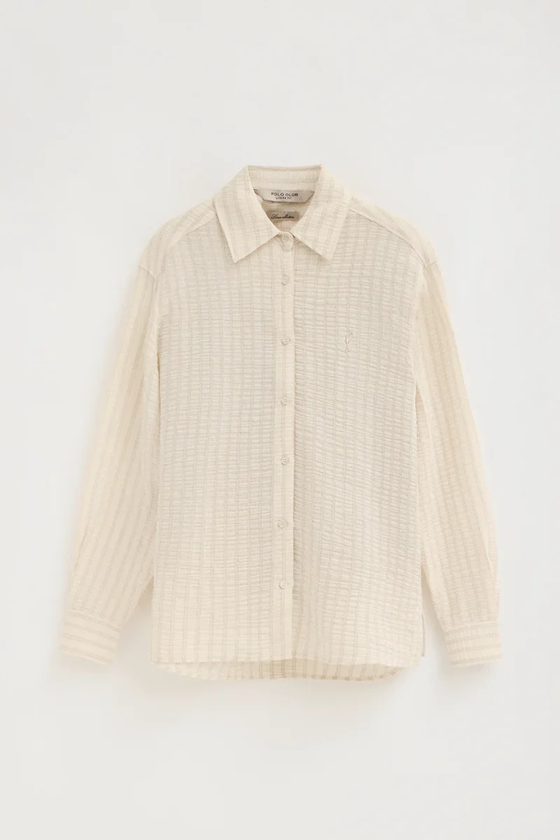 Camisa de rayas beige con efecto arrugado de corte holgado y bordado Rigby Go - Image 6
