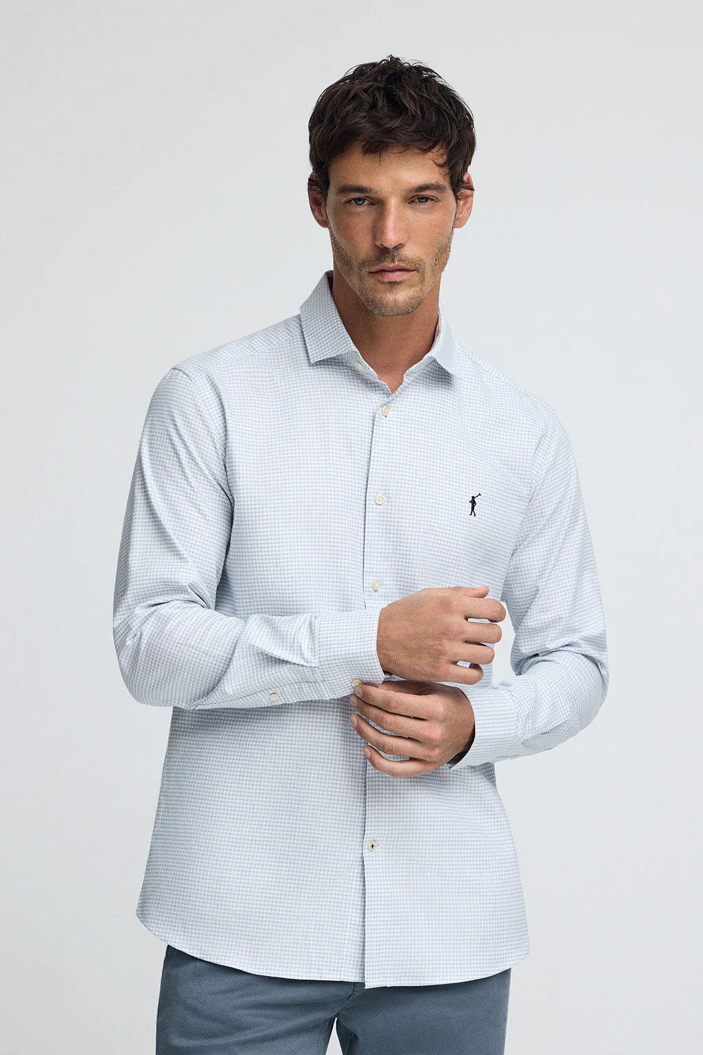 Camisa azul claro de corte slim y cuadros vichy con logo Rigby Go