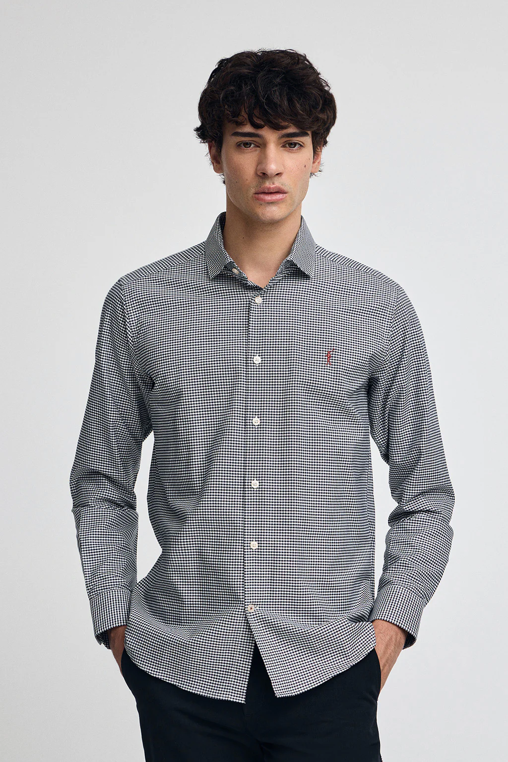 Camisa azul marina de corte slim y cuadros vichy con logo Rigby Go