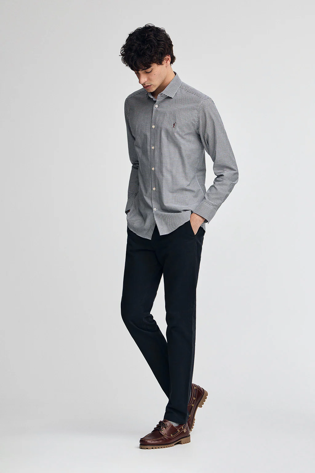 Camisa azul marina de corte slim y cuadros vichy con logo Rigby Go - Image 3