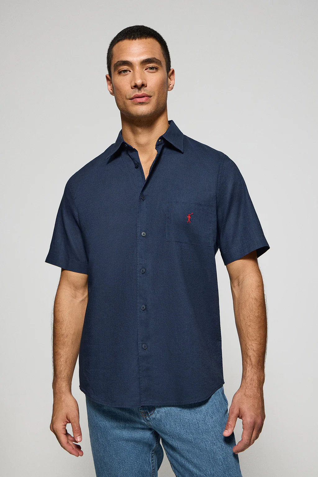 Camisa azul marino de manga corta de lino y algodón con bordado Rigby Go