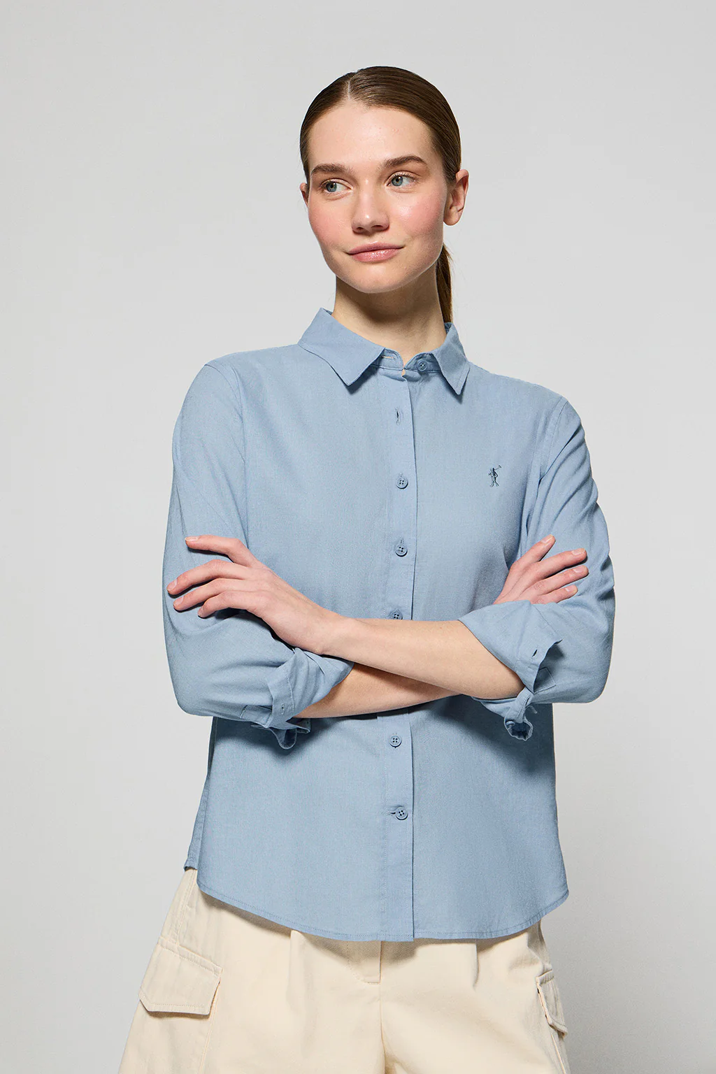 Camisa azul celeste de lino y algodón regular fit con bordado Rigby Go