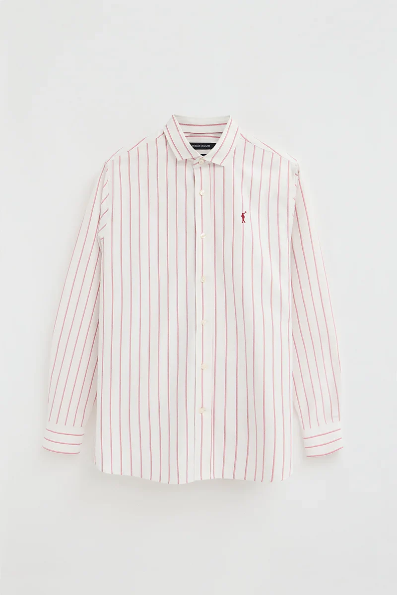 Camisa de rayas color crudo y rojo de cuello italiano, corte regular y bordado Rigby go - Image 6
