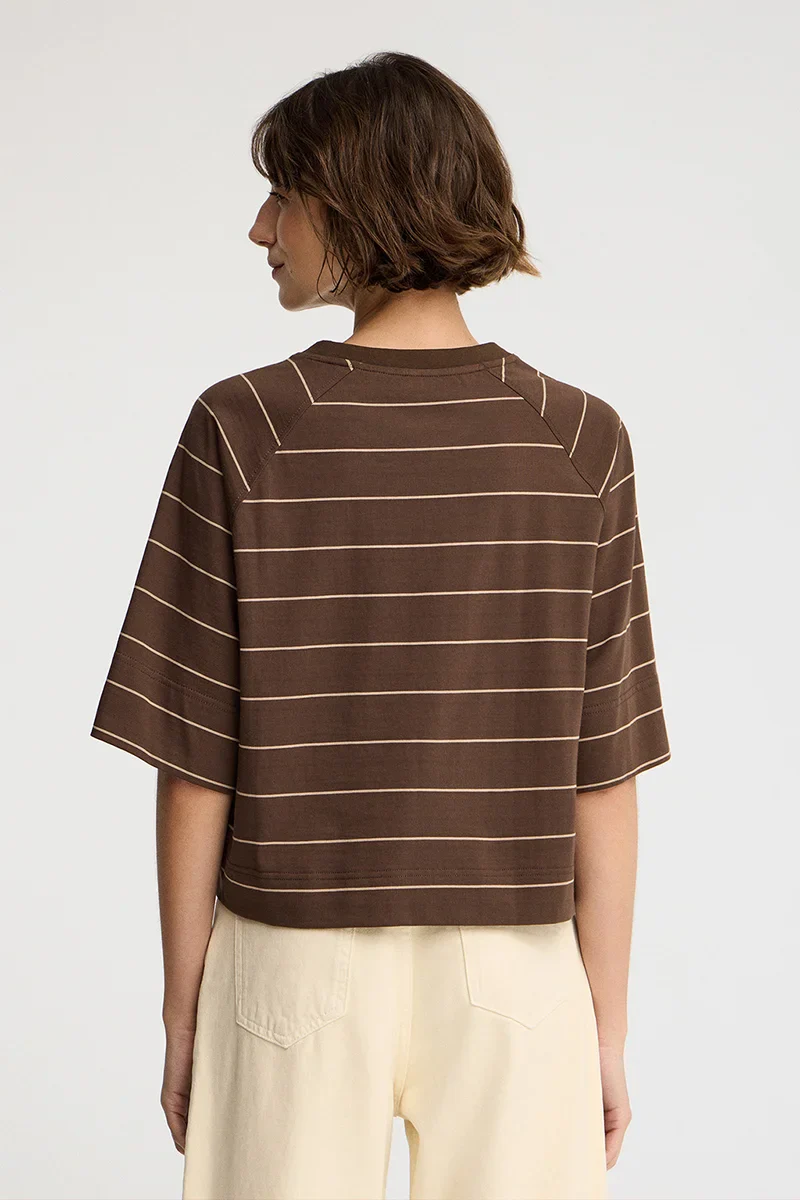 Camiseta de rayas color chocolate y marrón claro de corte boxy con parche Polo Club - Image 5