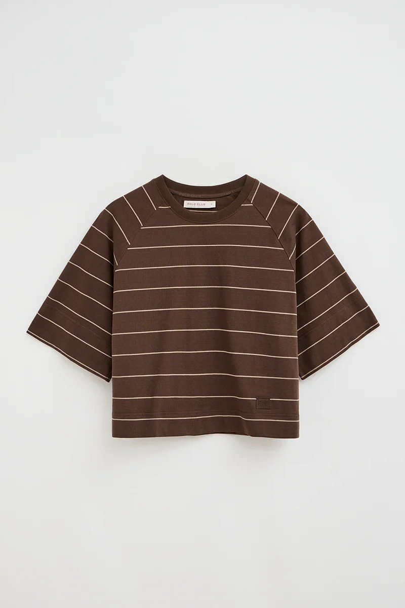 Camiseta de rayas color chocolate y marrón claro de corte boxy con parche Polo Club - Image 6