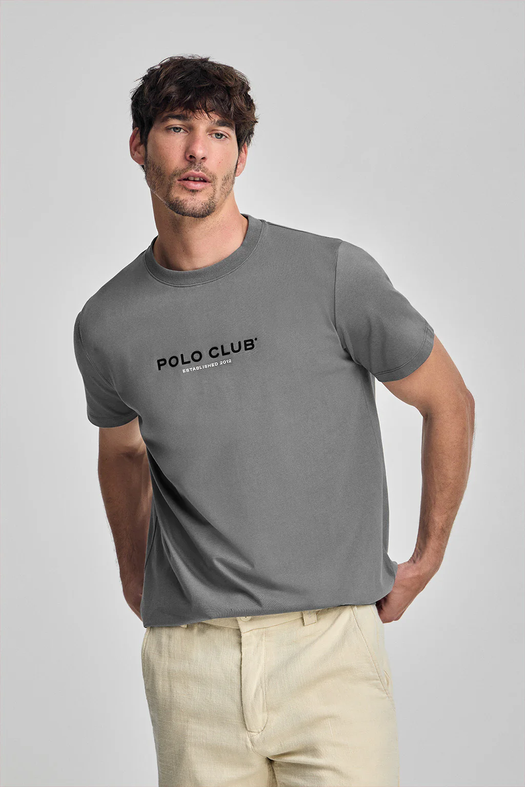 Camiseta gris asfalto de cuello redondo y logo engomado