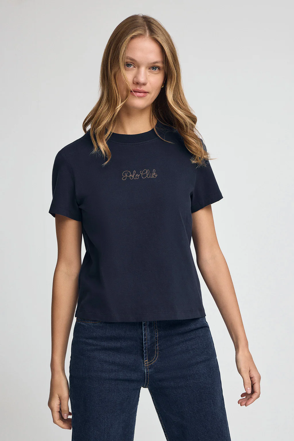 Camiseta azul marino de manga corta y corte boxy con logotipo brillantes Polo Club - Image 2
