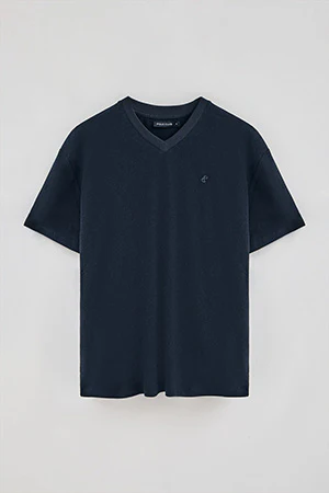 Camiseta azul marino en lino y algodón de cuello en pico y monograma bordado - Image 10
