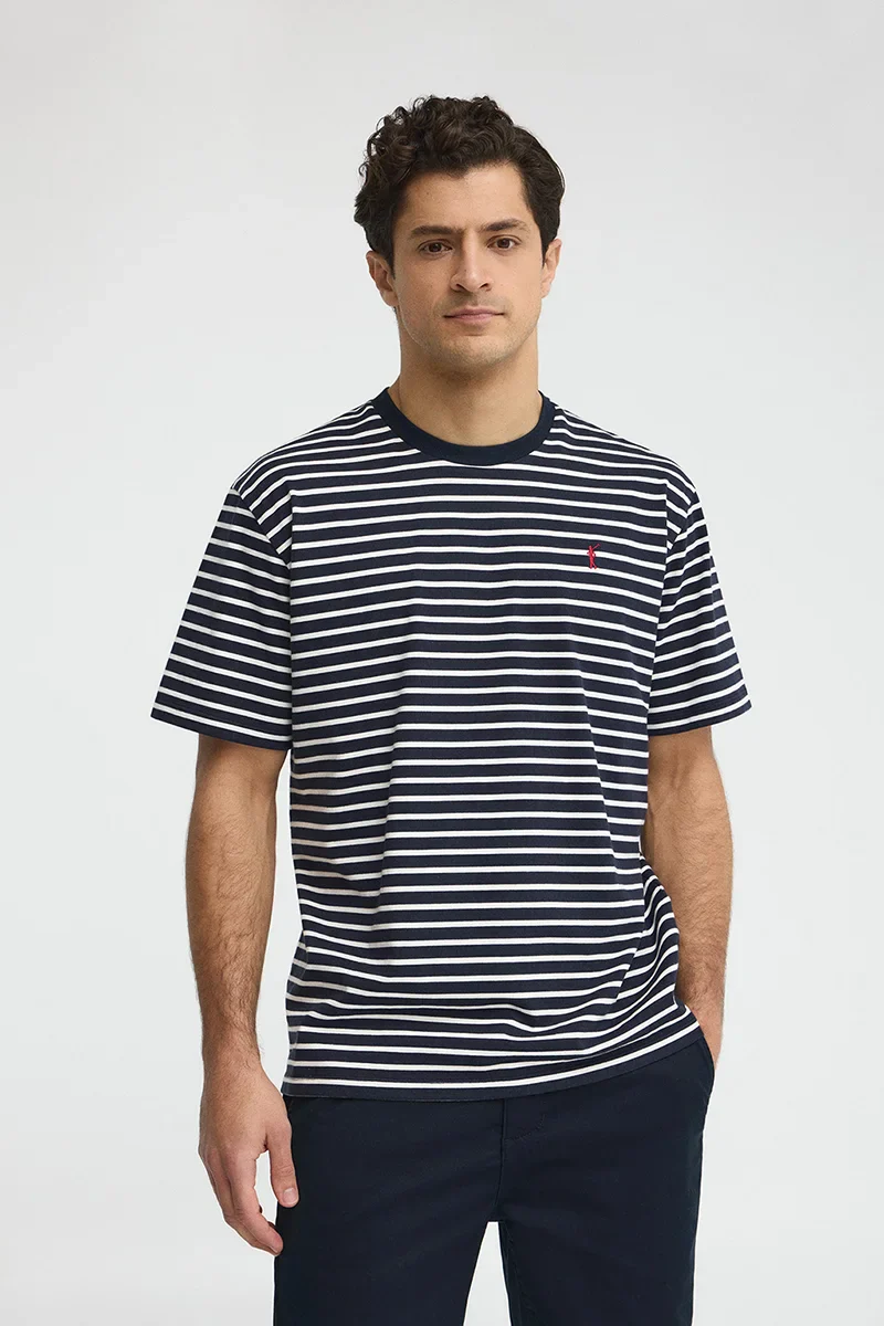Camiseta de rayas azul marino y color crudo de corte holgado con logo Rigby Go