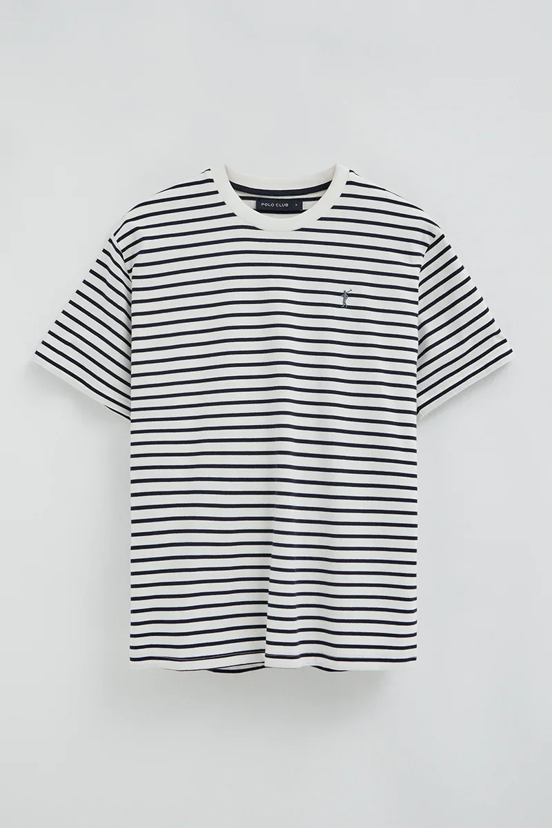 Camiseta de rayas color crudo y azul marino de corte holgado con logo Rigby Go - Image 9