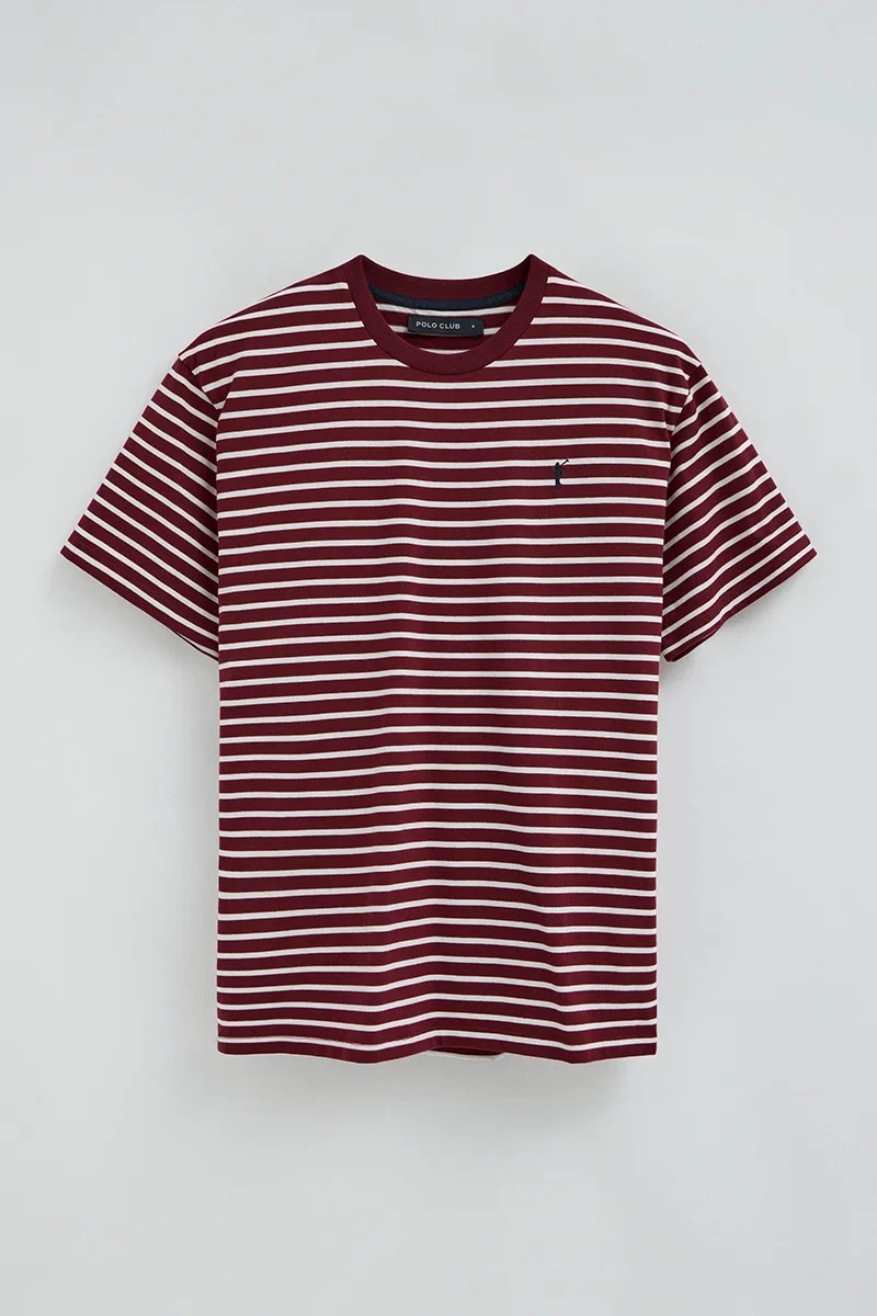 Camiseta de rayas granate y color crudo de corte holgado con logo Rigby Go - Image 9