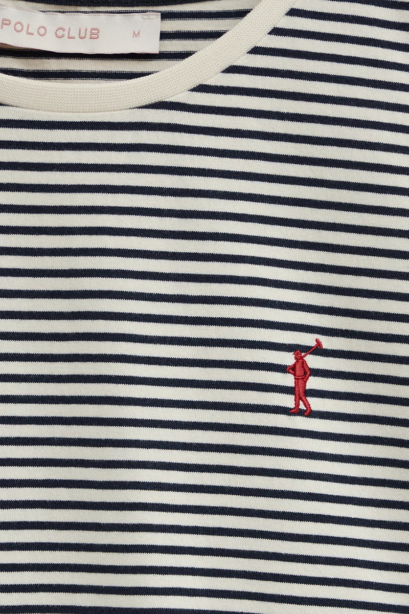 Camiseta a rayas azul marino y color crudo de corte regular con bordado Rigby Go - Image 6