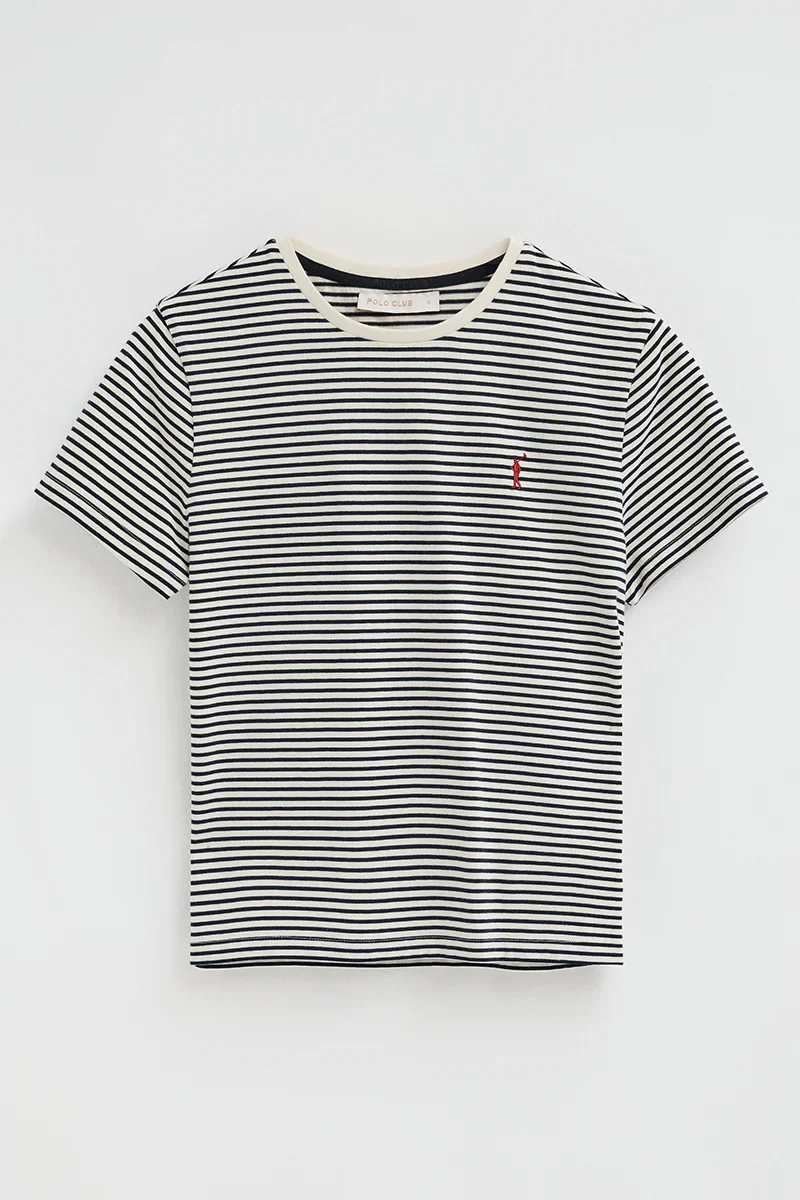 Camiseta a rayas azul marino y color crudo de corte regular con bordado Rigby Go - Image 8