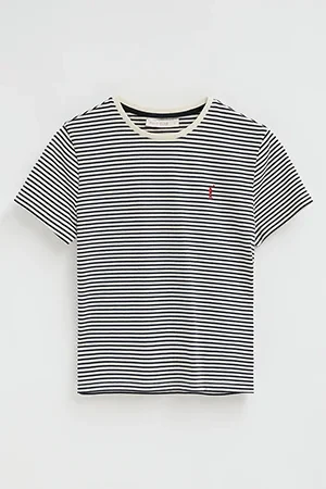 Camiseta a rayas azul marino y color crudo de corte regular con bordado Rigby Go - Image 9