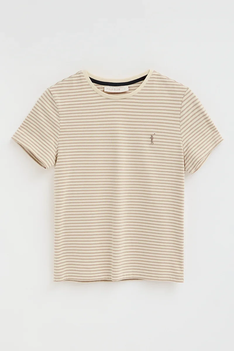 Camiseta a rayas color crudo y marrón claro de corte regular con bordado Rigby Go - Image 9