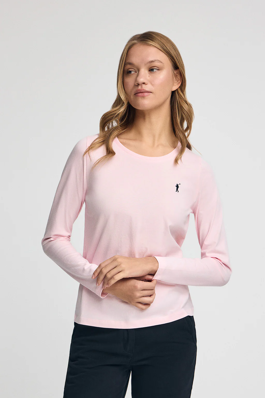 Camiseta rosa de manga larga y cuello redondo con logo bordado Rigby Go