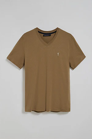 Camiseta marrón con cuello de pico y logo bordado Rigby Go - Image 2
