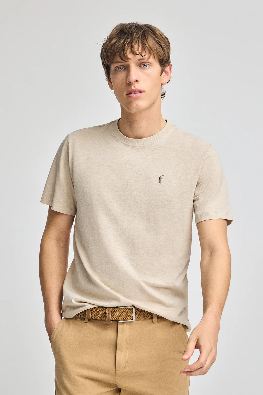 Camiseta beige de algodón flamé y bordado Rigby Go