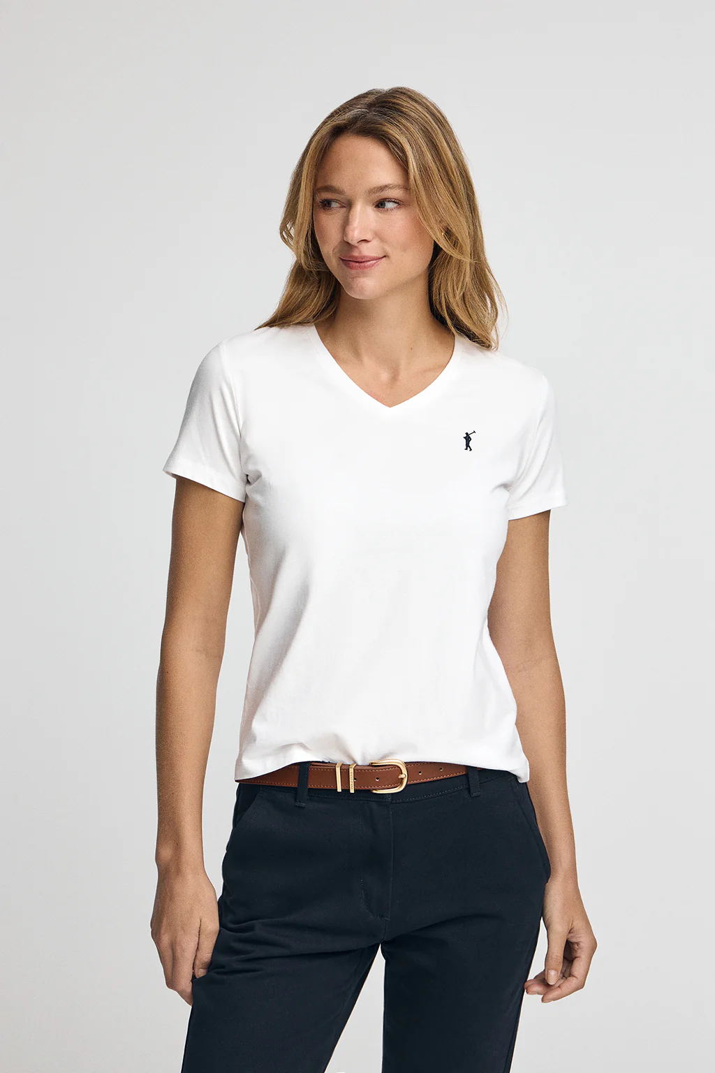 Camiseta blanca de manga corta y cuello pico con logo Rigby go