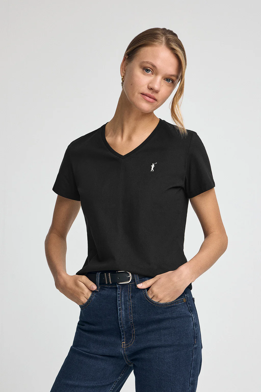 Camiseta negra de manga corta y cuello pico con logo Rigby go